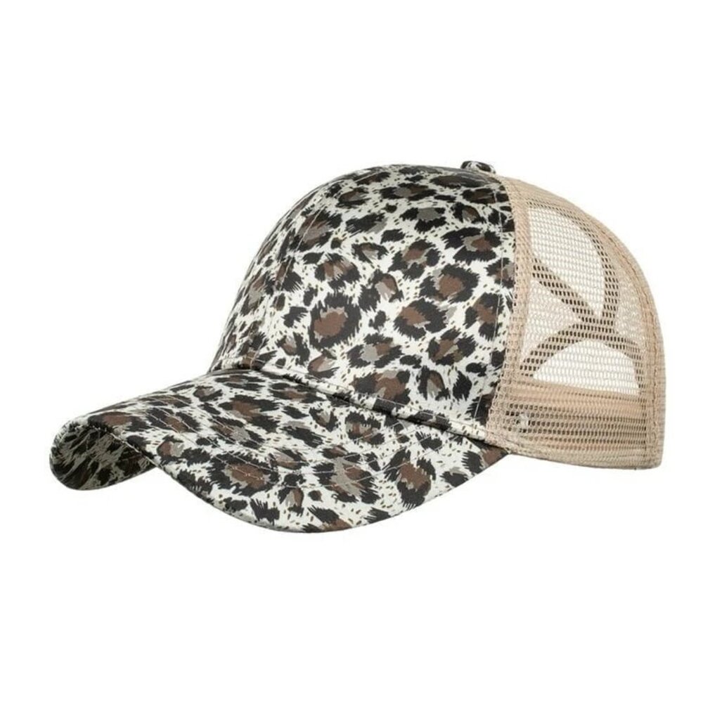 Tan & Brown Leopard Print Baseball Cap Snap-Back Ponytail Hat